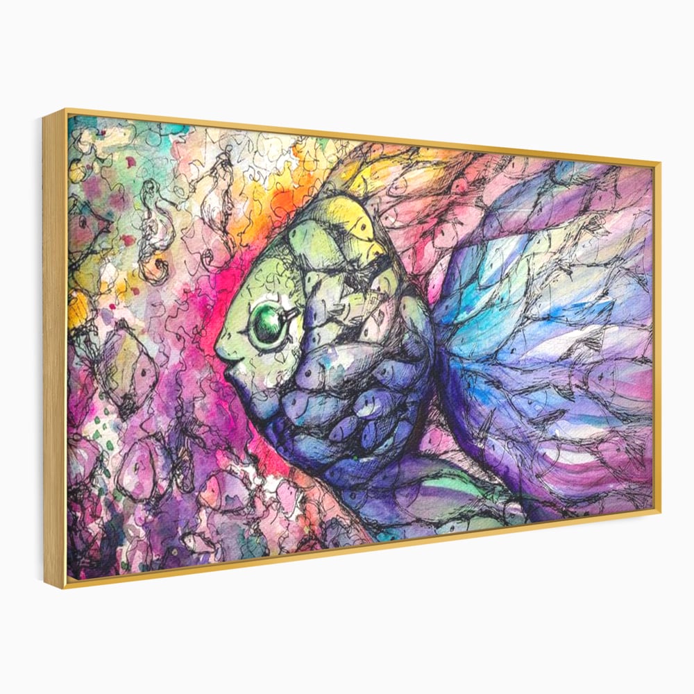 Tablou canvas cu tablou canvas cu peste mare din pesti mici, in rama de aluminiu auriu